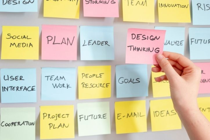 mão segurando um post-it com 'Design Thinking' em meio a notas coloridas em um quadro.
