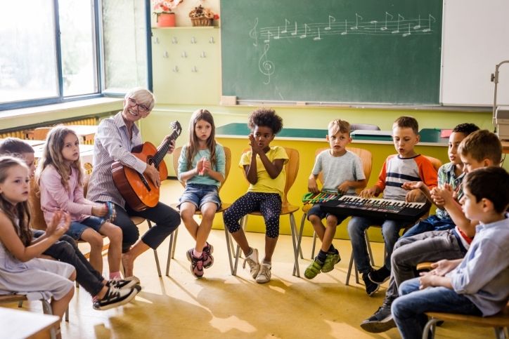 grupo de crianças faz atividade musical com professora tocando violão em sala de aula.